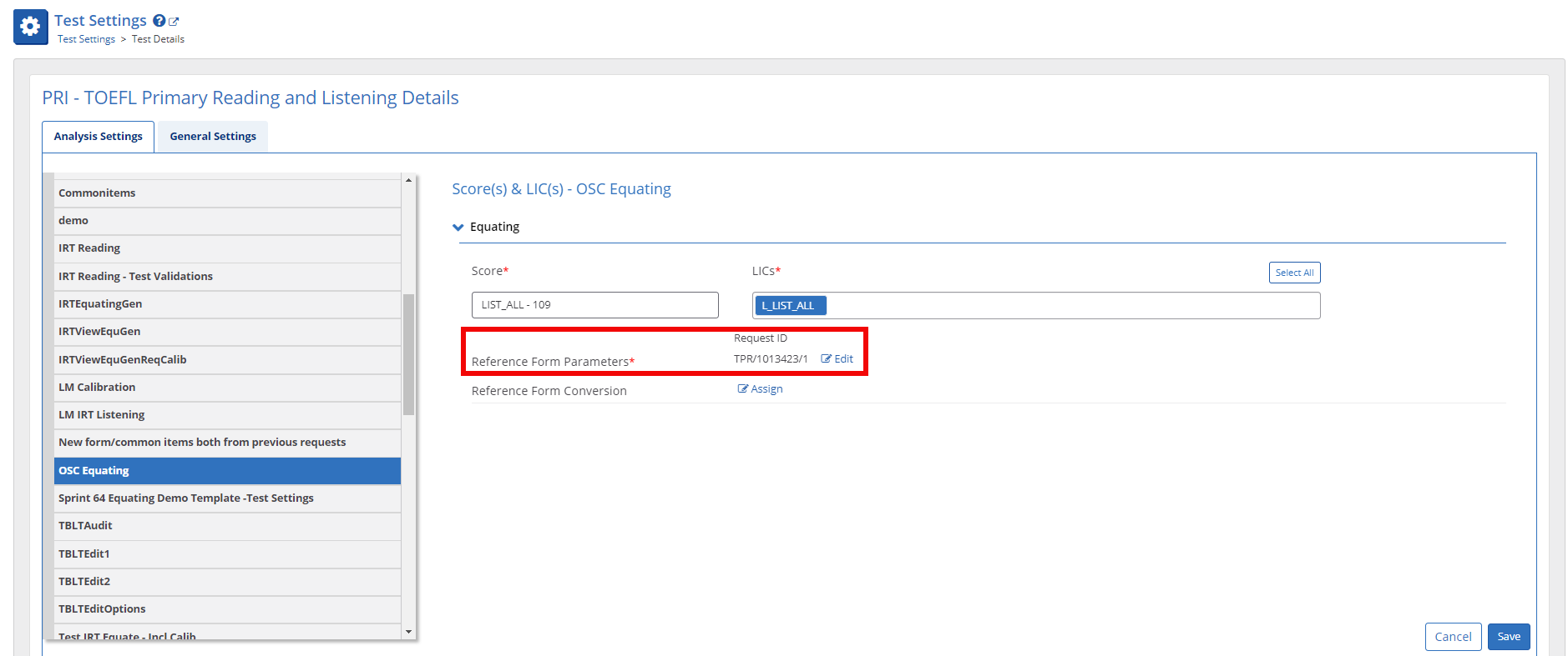 Equating test settings params 3